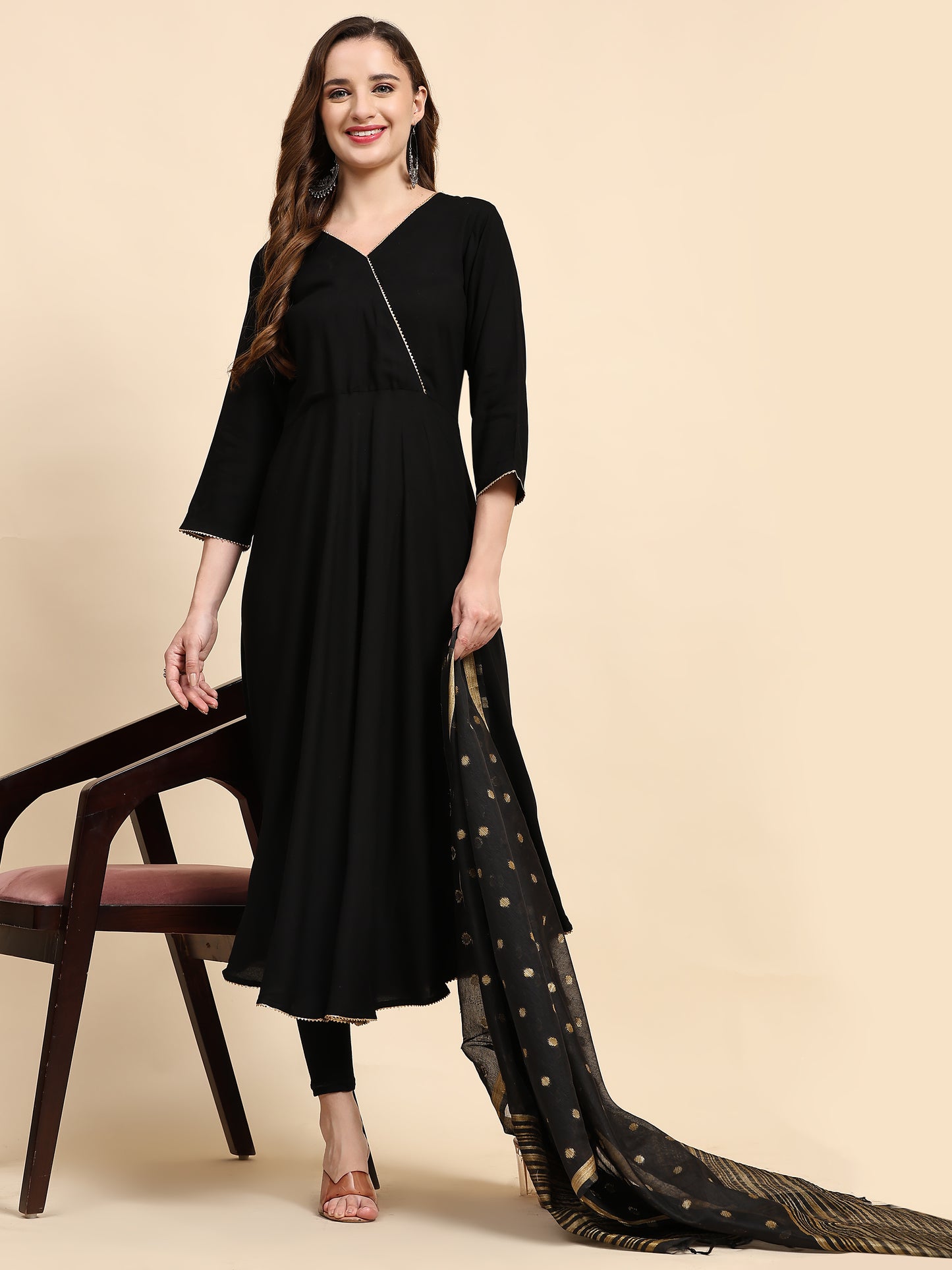 V-Neck Gotta Patti Detail A-Line Angrakha Ethnic Dress With Dupatta