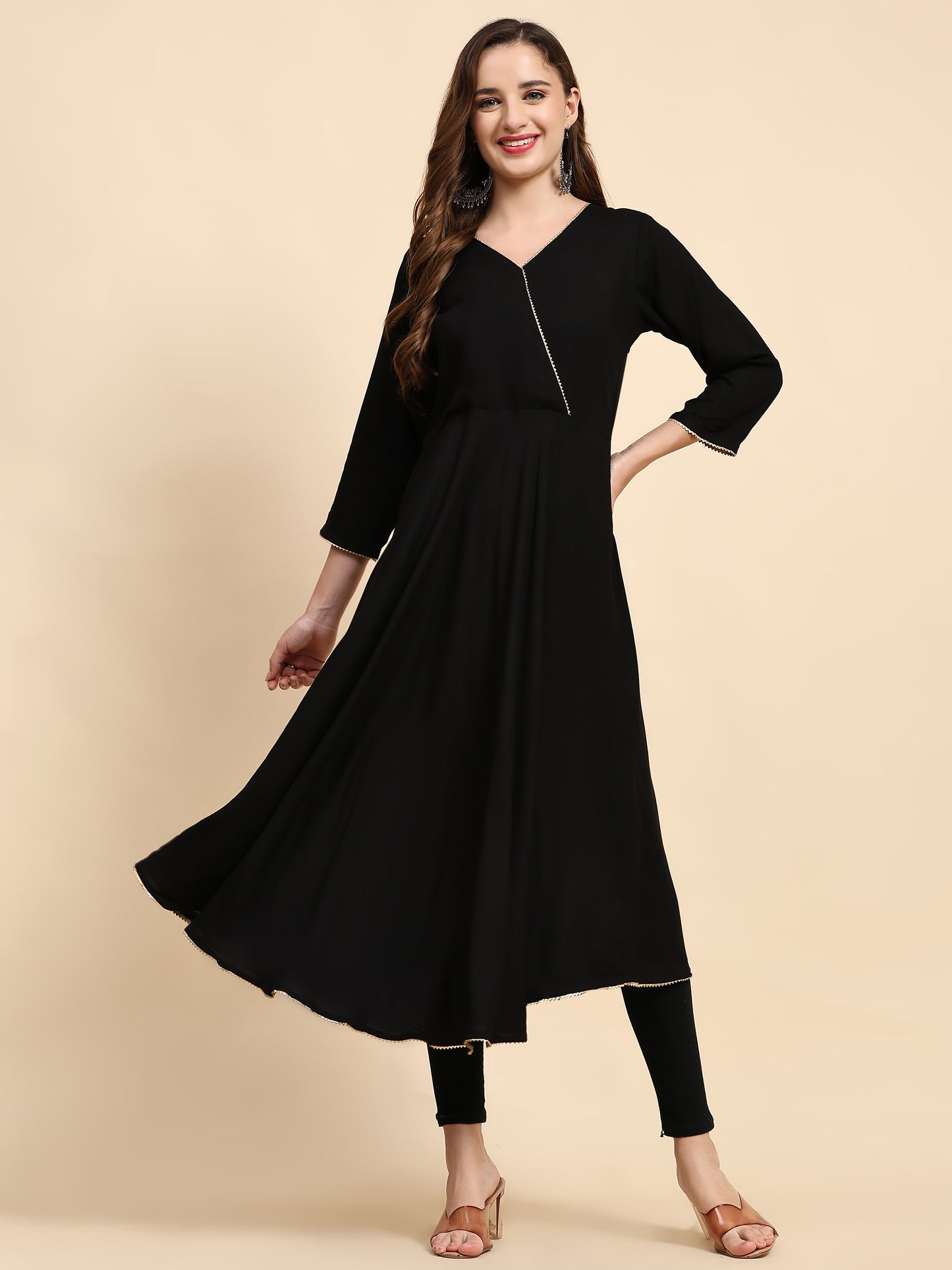 V-Neck Gotta Patti Detail A-Line Angrakha Ethnic Dress With Dupatta