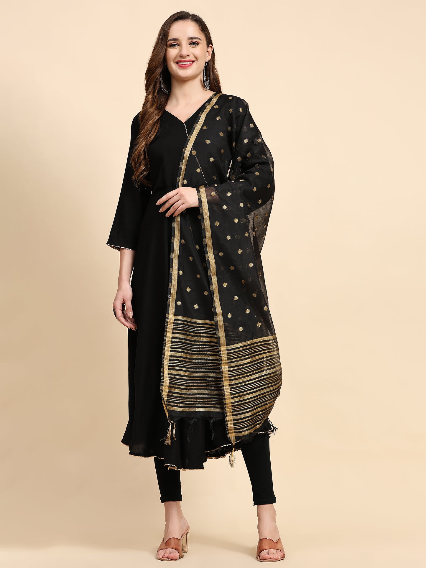 V-Neck Gotta Patti Detail A-Line Angrakha Ethnic Dress With Dupatta