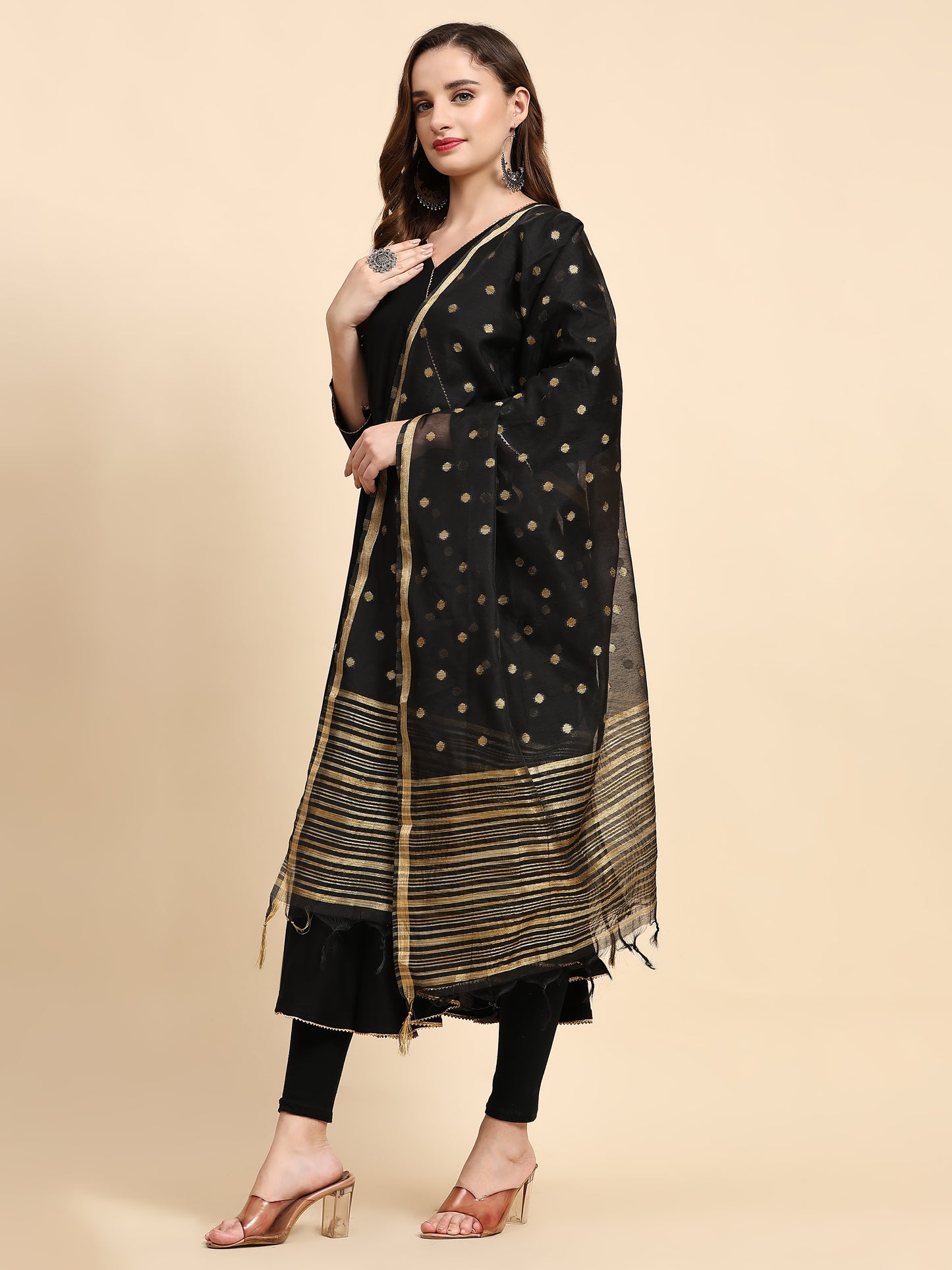 V-Neck Gotta Patti Detail A-Line Angrakha Ethnic Dress With Dupatta