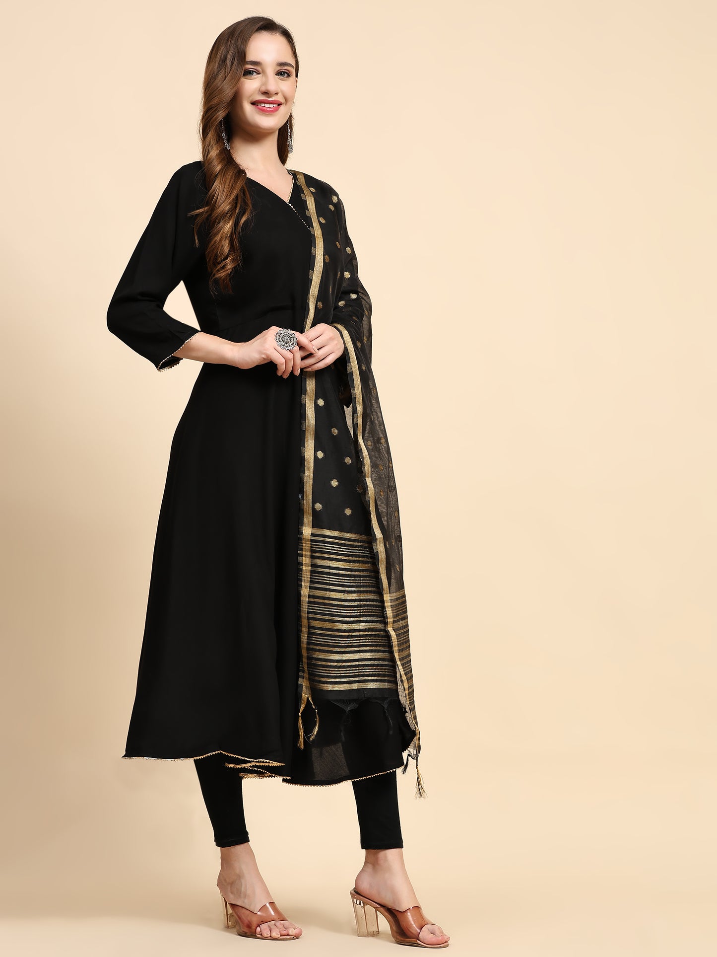 V-Neck Gotta Patti Detail A-Line Angrakha Ethnic Dress With Dupatta
