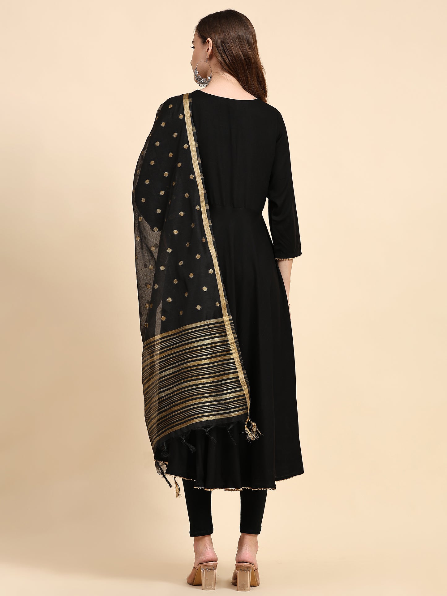 V-Neck Gotta Patti Detail A-Line Angrakha Ethnic Dress With Dupatta
