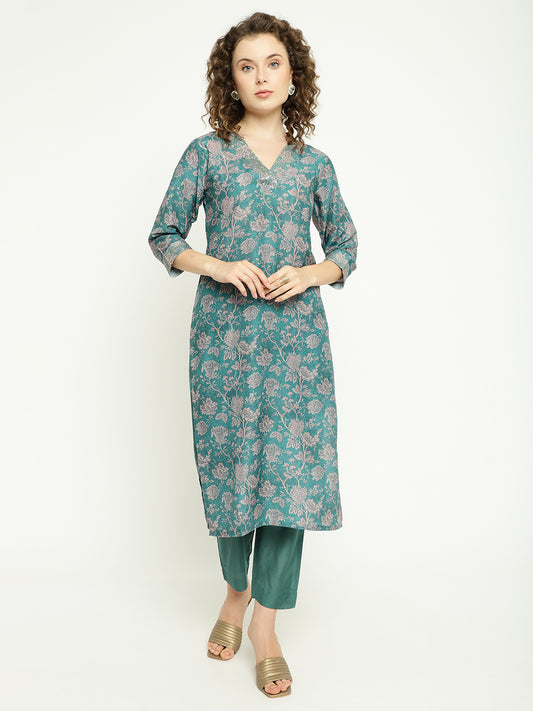 Teal Blue Floral Woven Silk Kurta Set