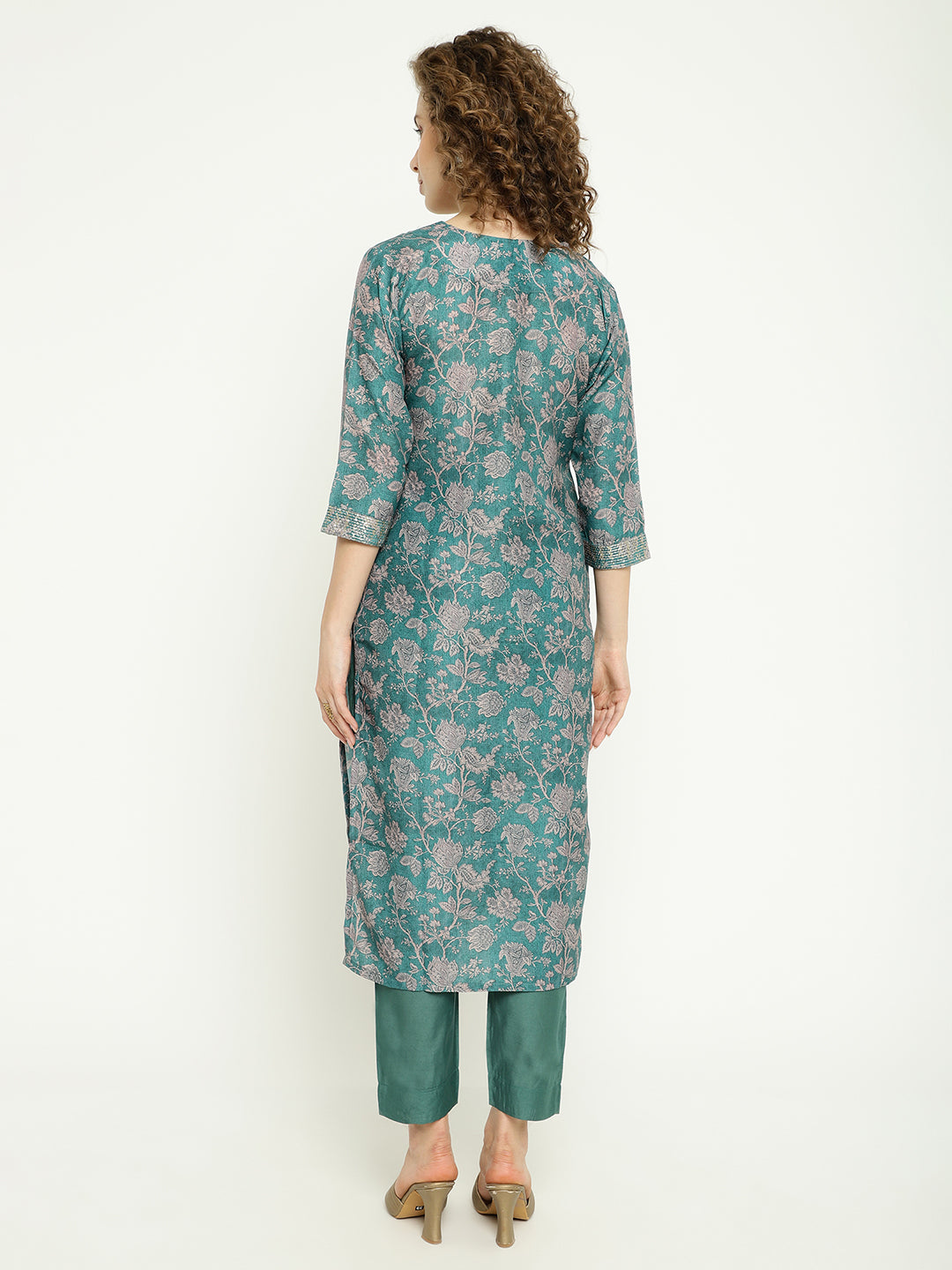 Teal Blue Floral Woven Silk Kurta Set