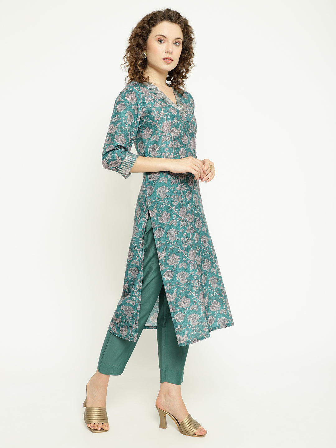 Teal Blue Floral Woven Silk Kurta Set