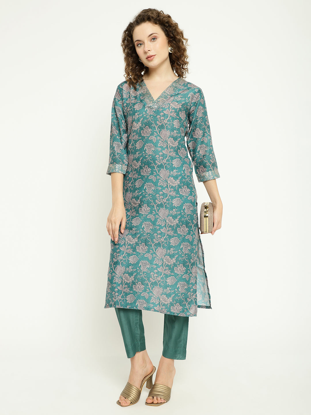 Teal Blue Floral Woven Silk Kurta Set