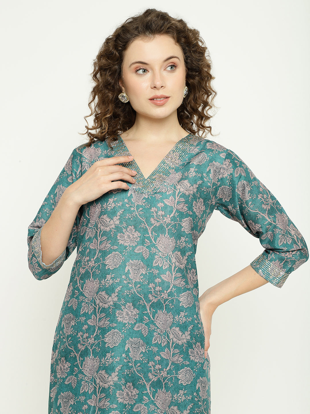 Teal Blue Floral Woven Silk Kurta Set