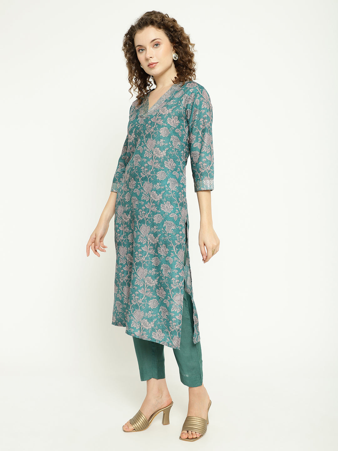 Teal Blue Floral Woven Silk Kurta Set