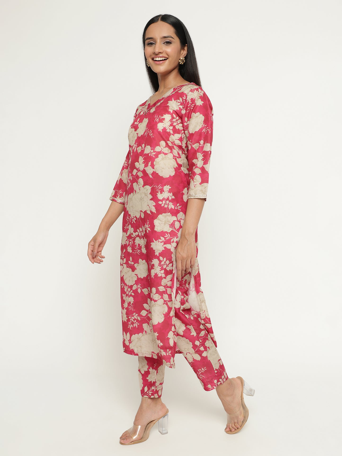 Pink Floral Silk Kurta Set