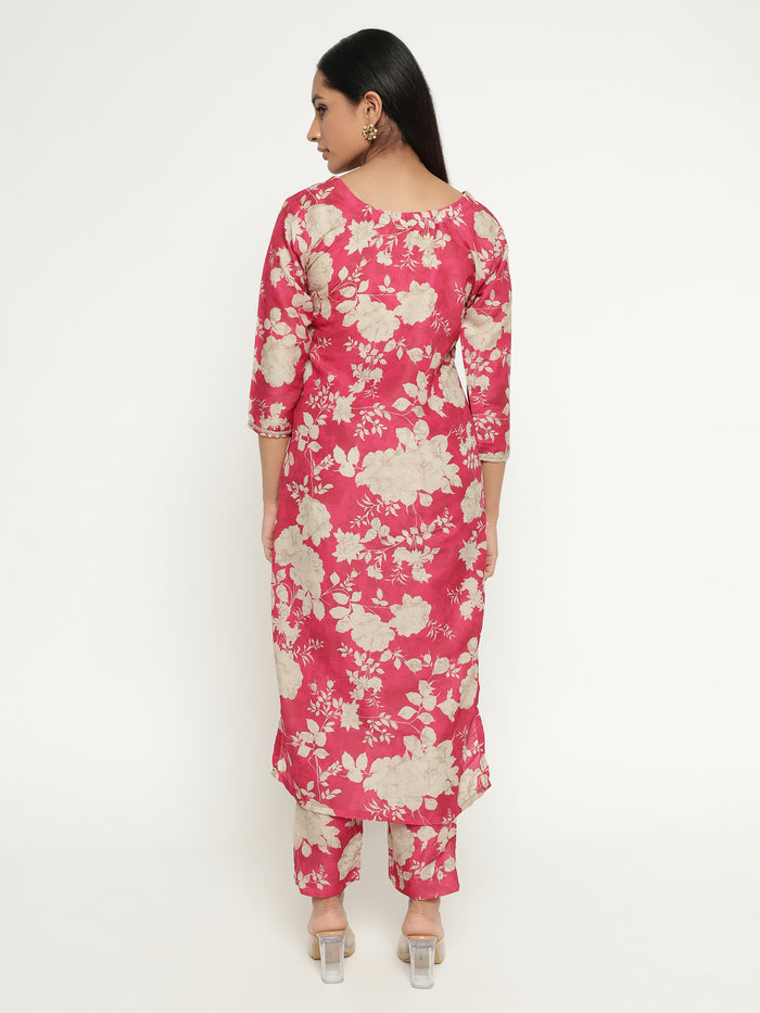 Pink Floral Silk Kurta Set