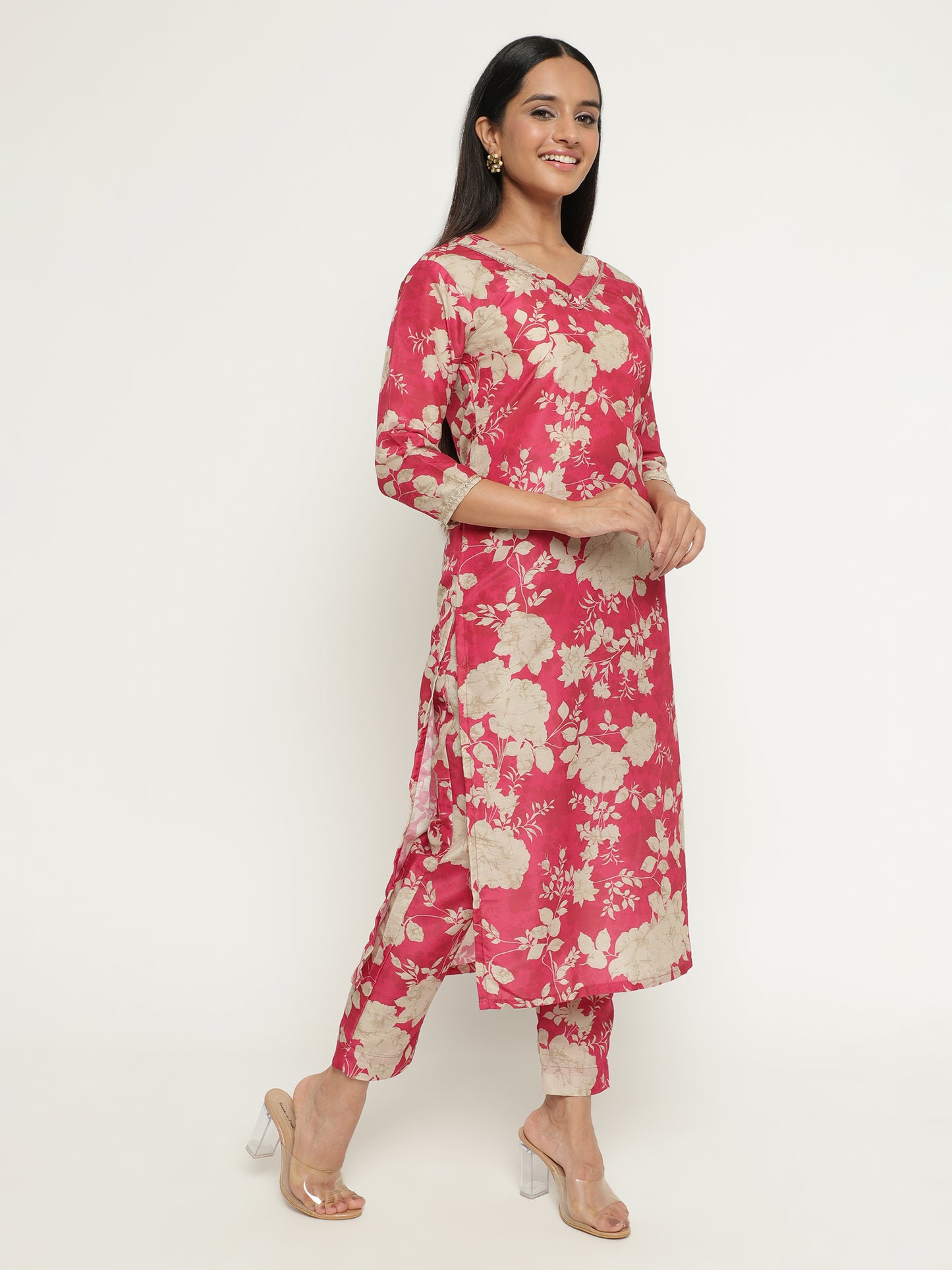 Pink Floral Silk Kurta Set