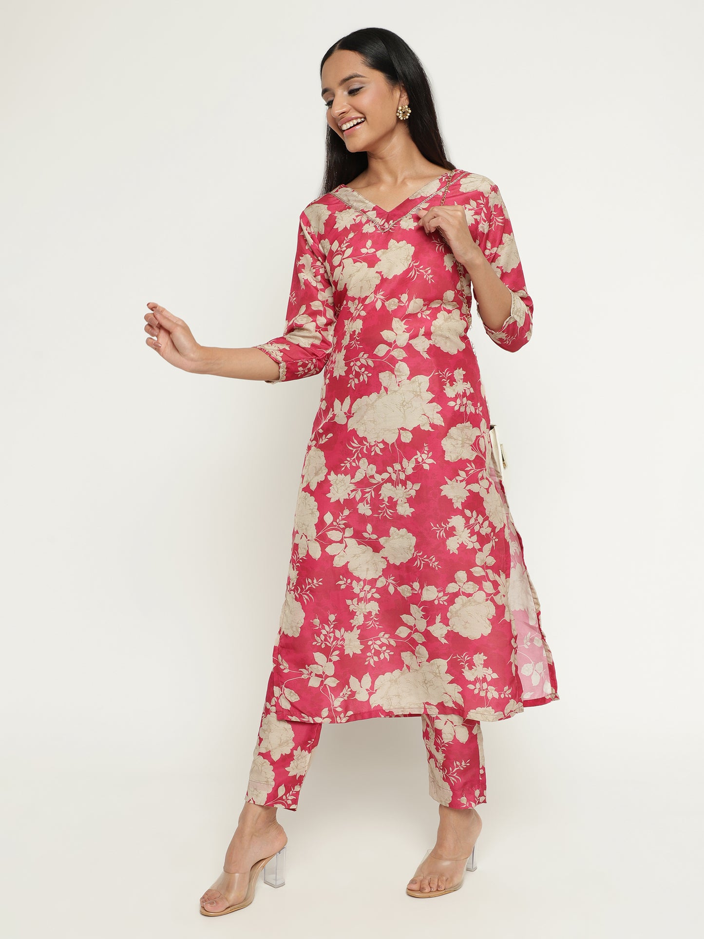 Pink Floral Silk Kurta Set