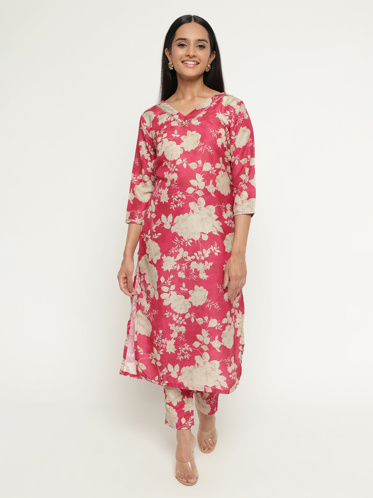 Pink Floral Silk Kurta Set