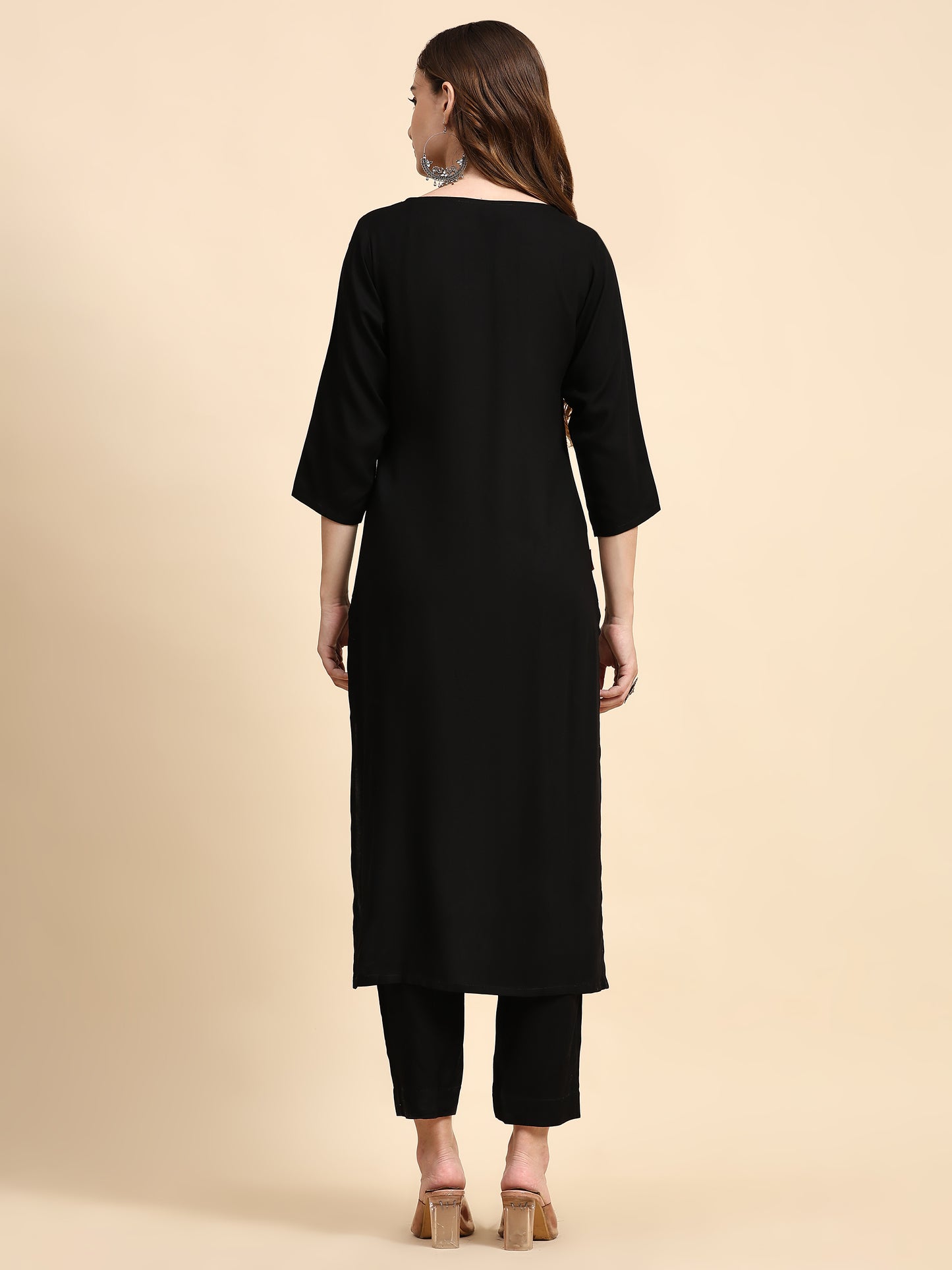 Solid Black Rayon Straight Kurta Set