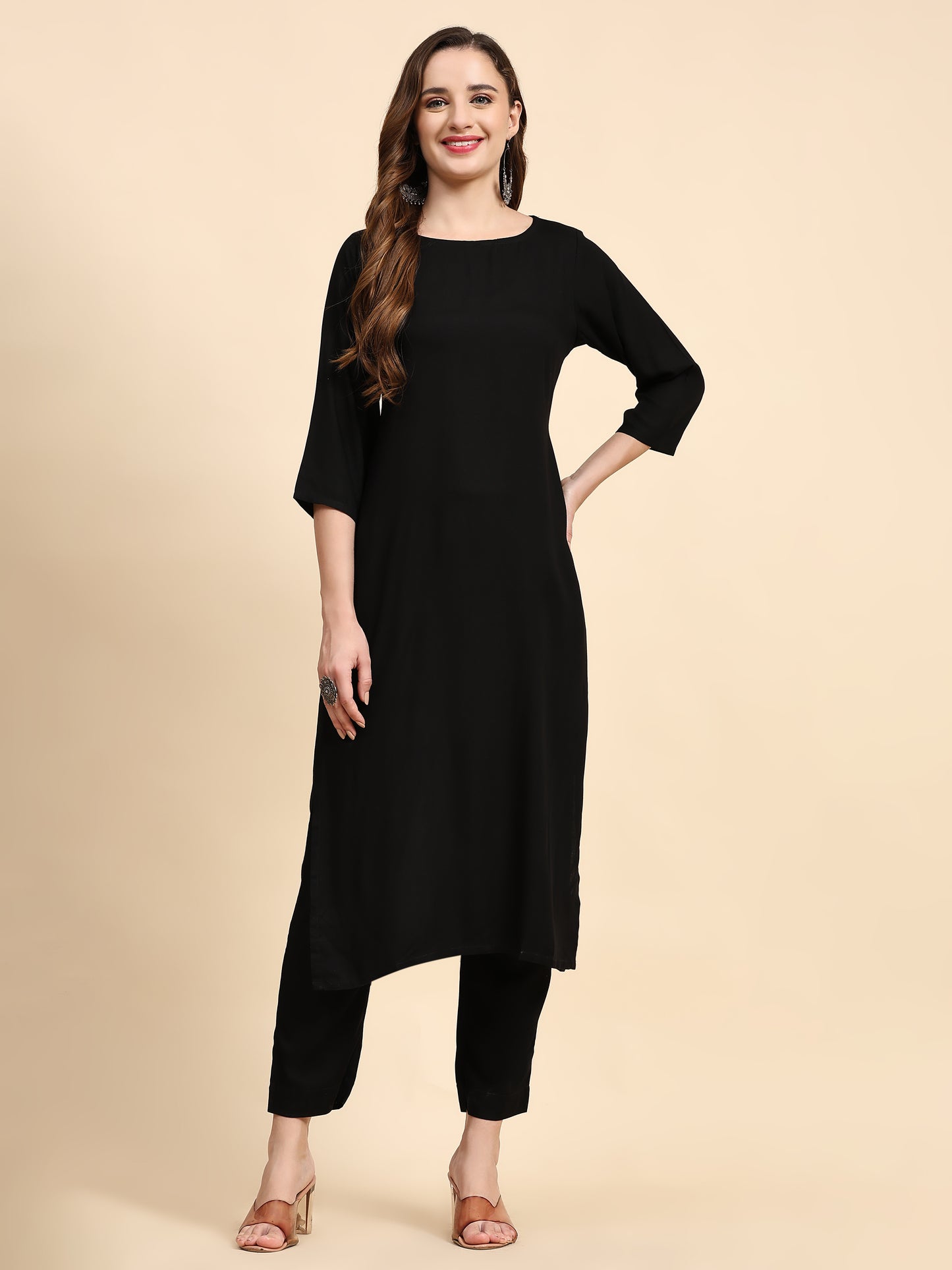 Solid Black Rayon Straight Kurta Set