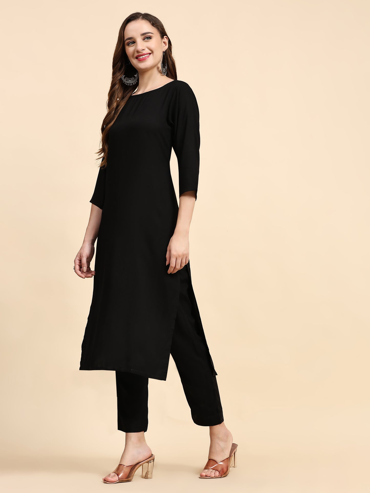 Solid Black Rayon Straight Kurta Set