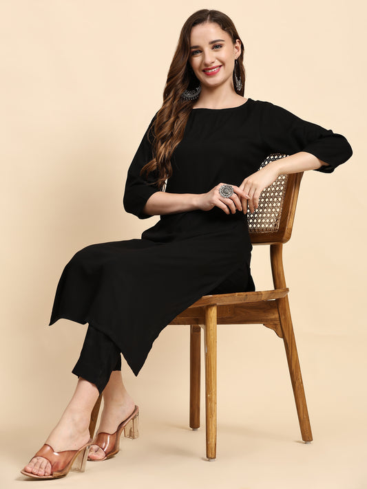 Solid Black Rayon Straight Kurta Set