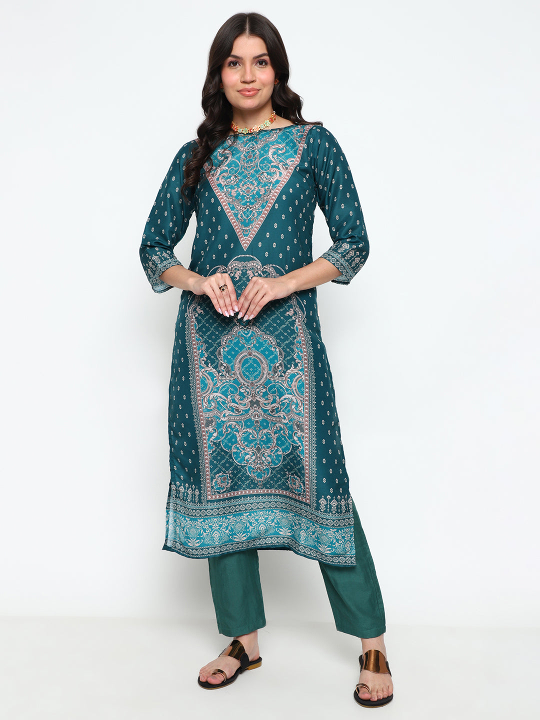 Teal Blue Printed Rayon Kurta Set