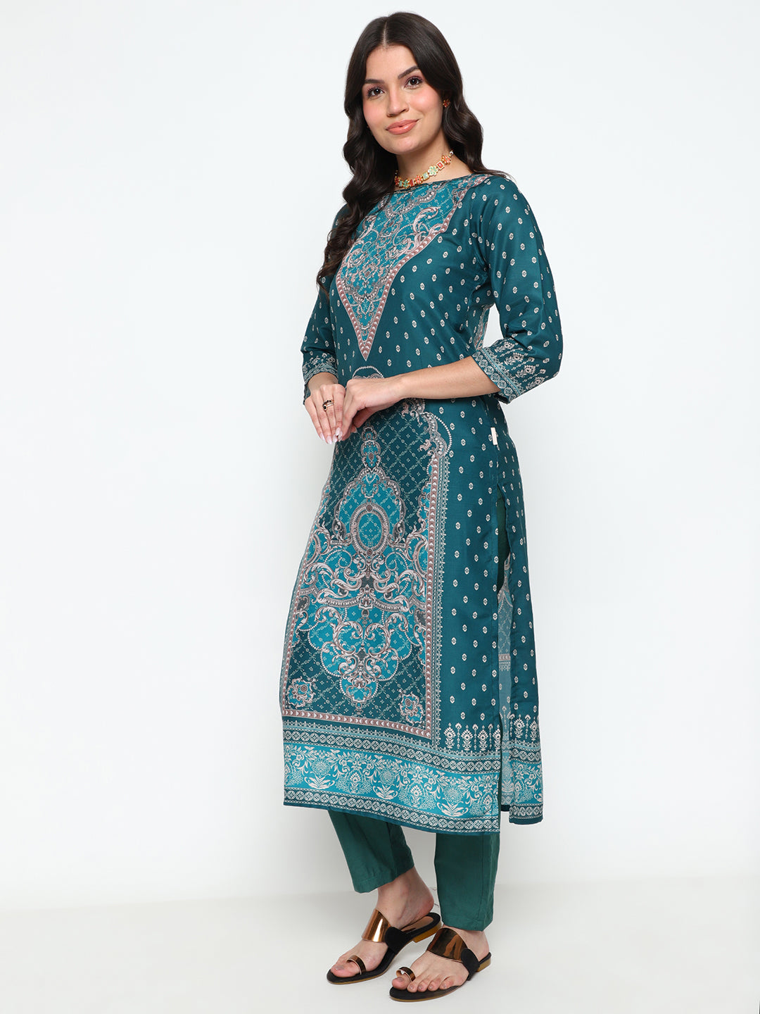 Teal Blue Printed Rayon Kurta Set