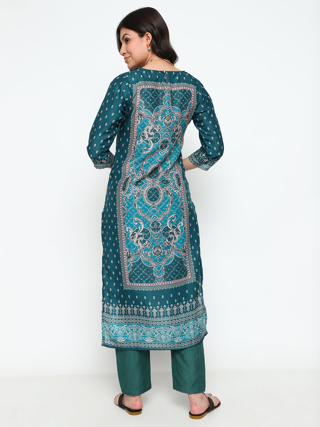 Teal Blue Printed Rayon Kurta Set