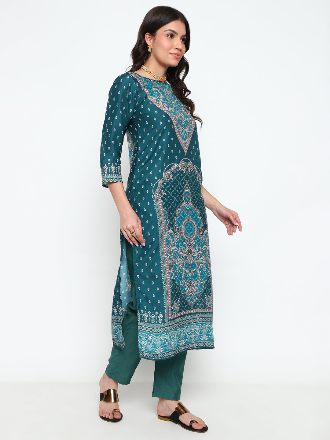 Teal Blue Printed Rayon Kurta Set