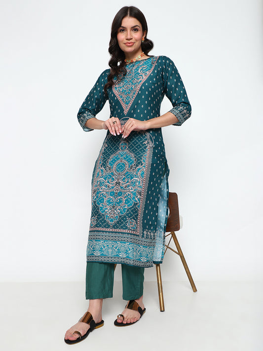 Teal Blue Printed Rayon Kurta Set