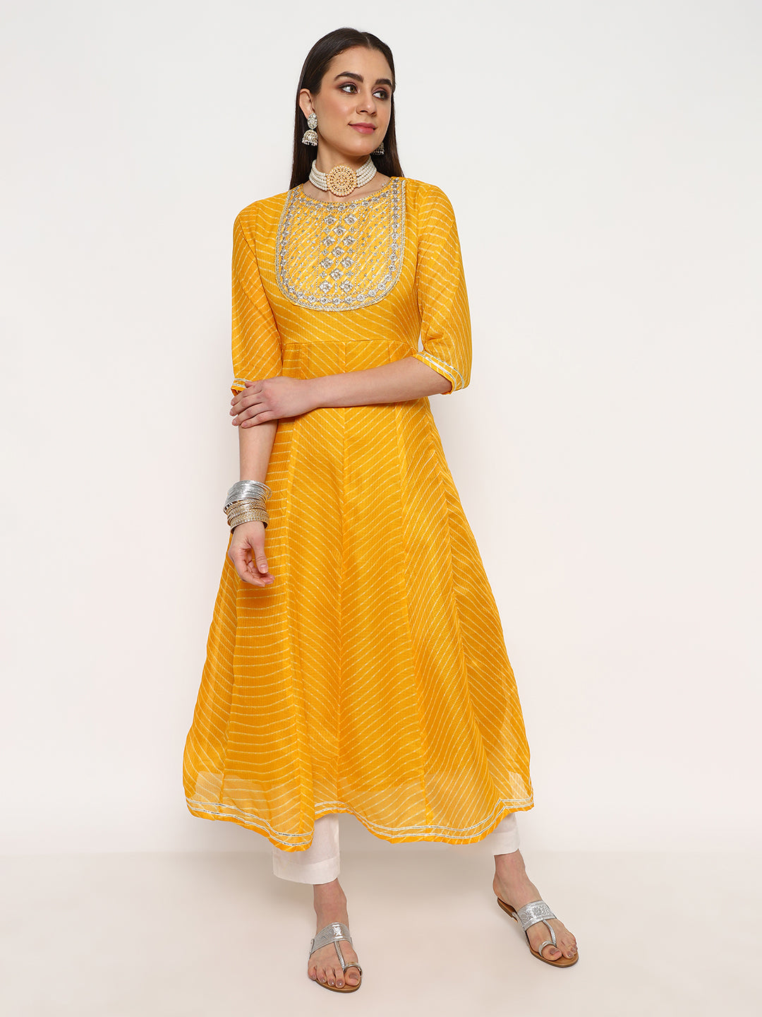 Yellow Cotton Anarkali Kurta Set