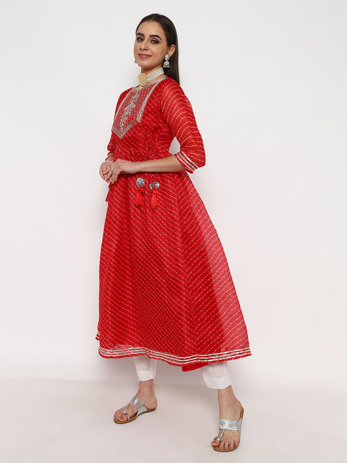 Red Striped Cotton Anarkali Kurta Set