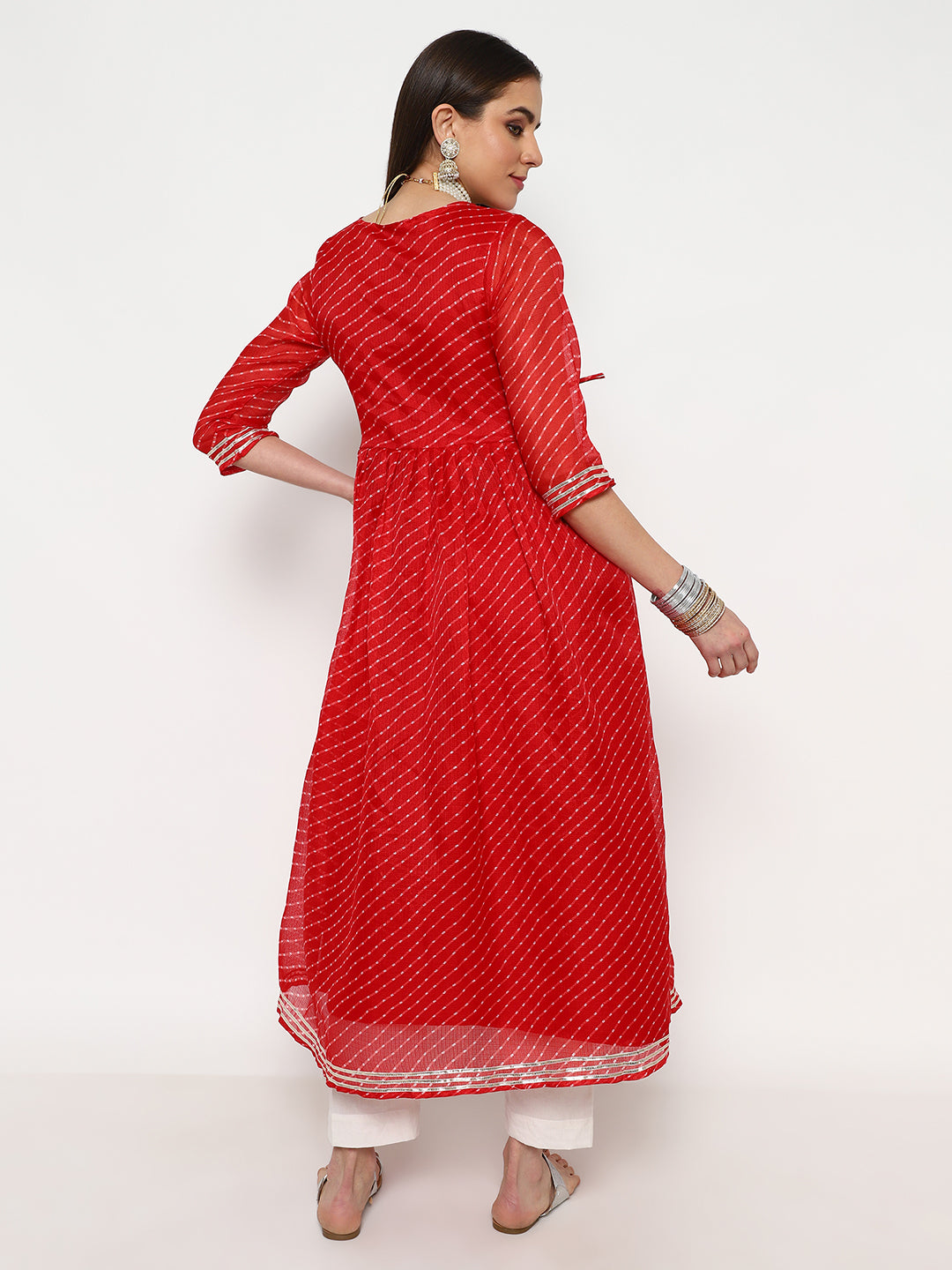 Red Striped Cotton Anarkali Kurta Set