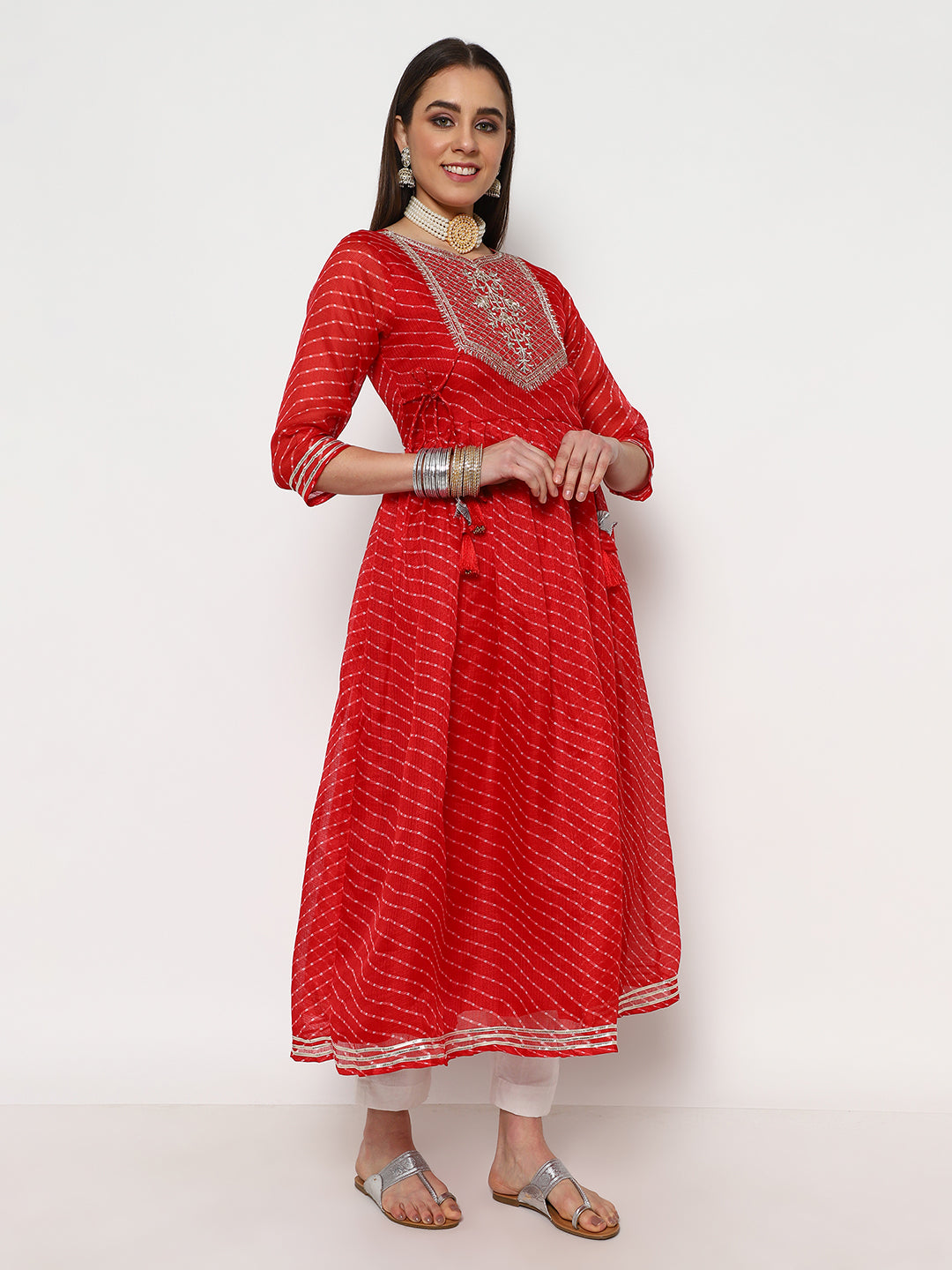 Red Striped Cotton Anarkali Kurta Set