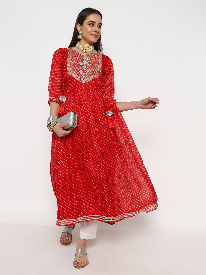 Red Striped Cotton Anarkali Kurta Set