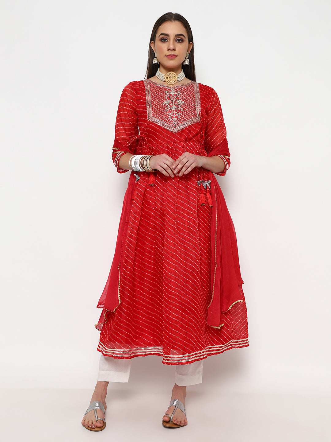 Red Striped Cotton Anarkali Kurta Set