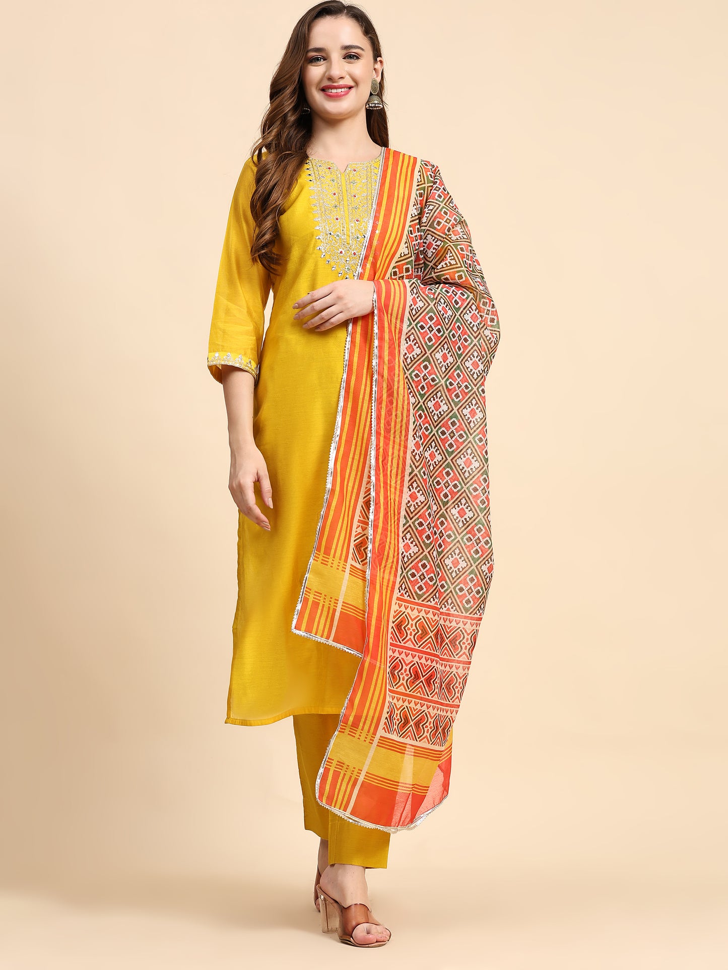 Yellow Chanderi Kurta Set with Printed Dupatta