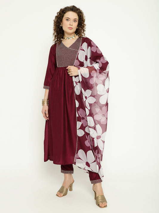 Wine Silk Kurta Set with Floral Organza Dupatta