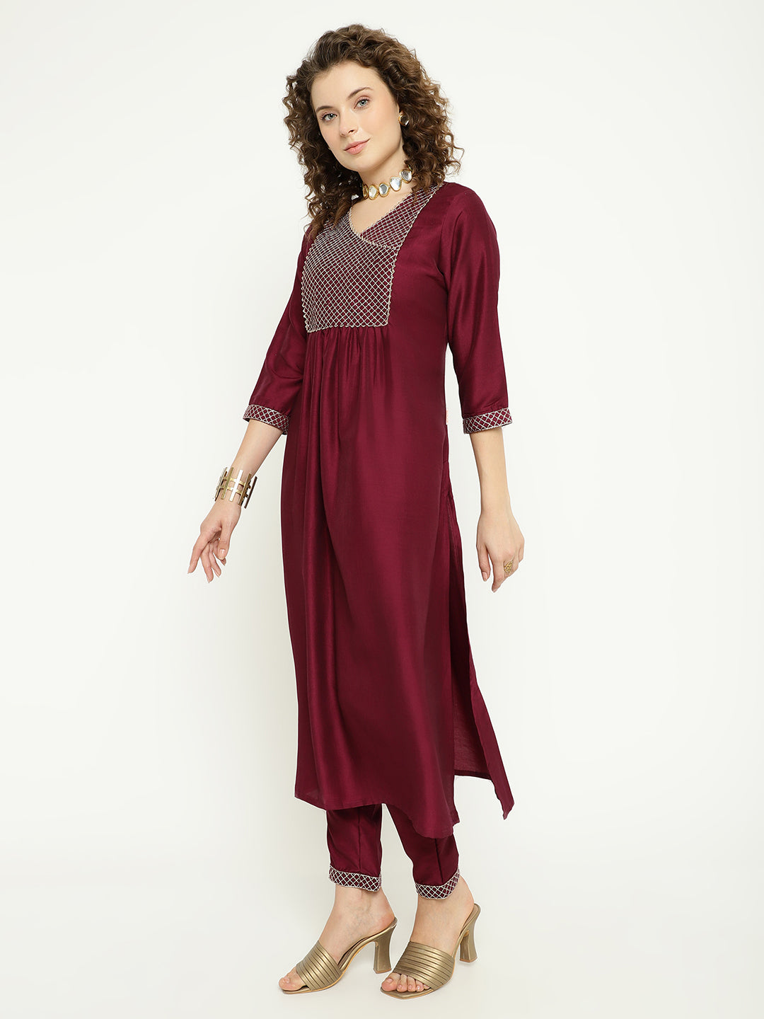 Wine Silk Kurta Set with Floral Organza Dupatta