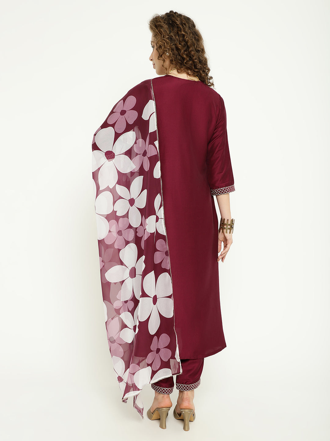Wine Silk Kurta Set with Floral Organza Dupatta