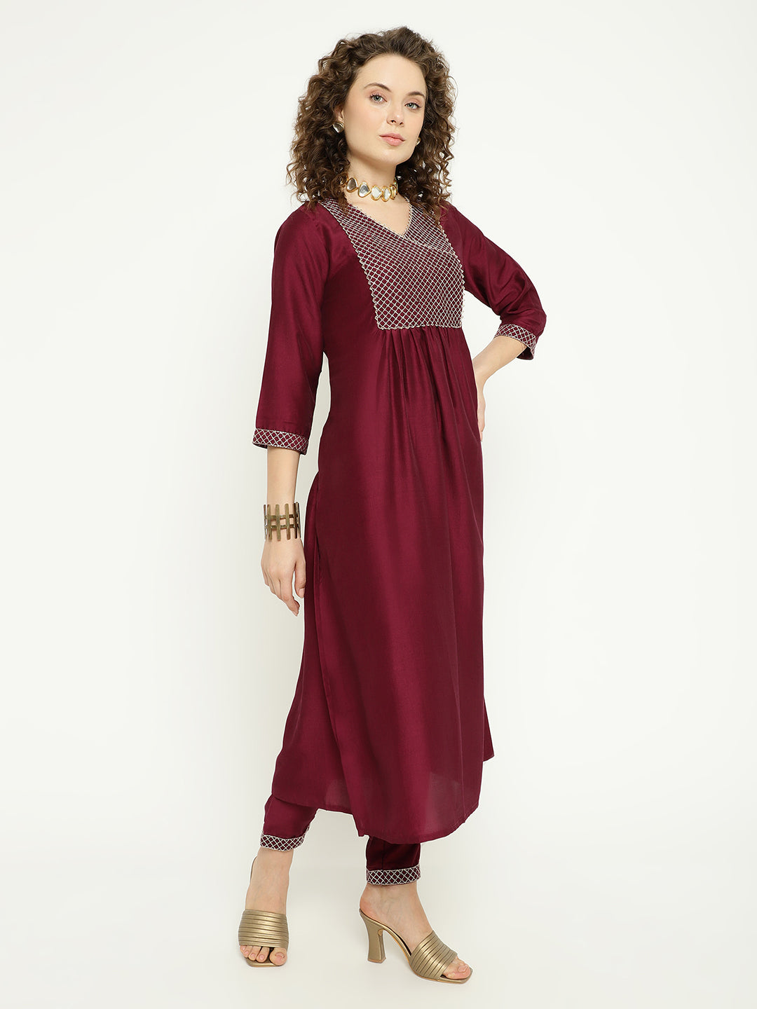 Wine Silk Kurta Set with Floral Organza Dupatta
