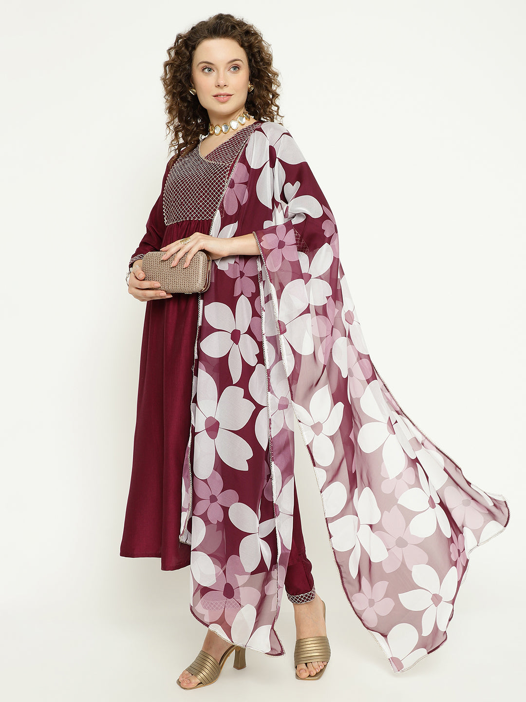 Wine Silk Kurta Set with Floral Organza Dupatta
