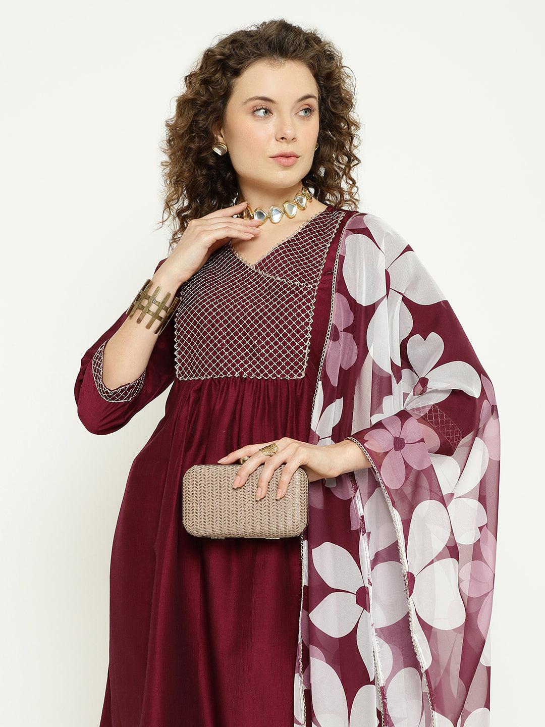 Wine Silk Kurta Set with Floral Organza Dupatta