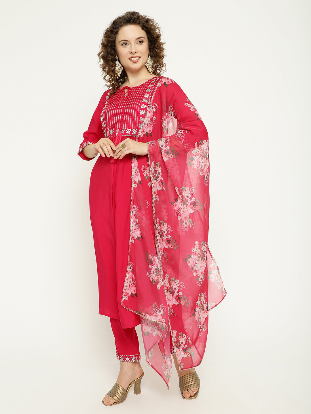 Pink Silk Kurta Set with Floral Organza Dupatta