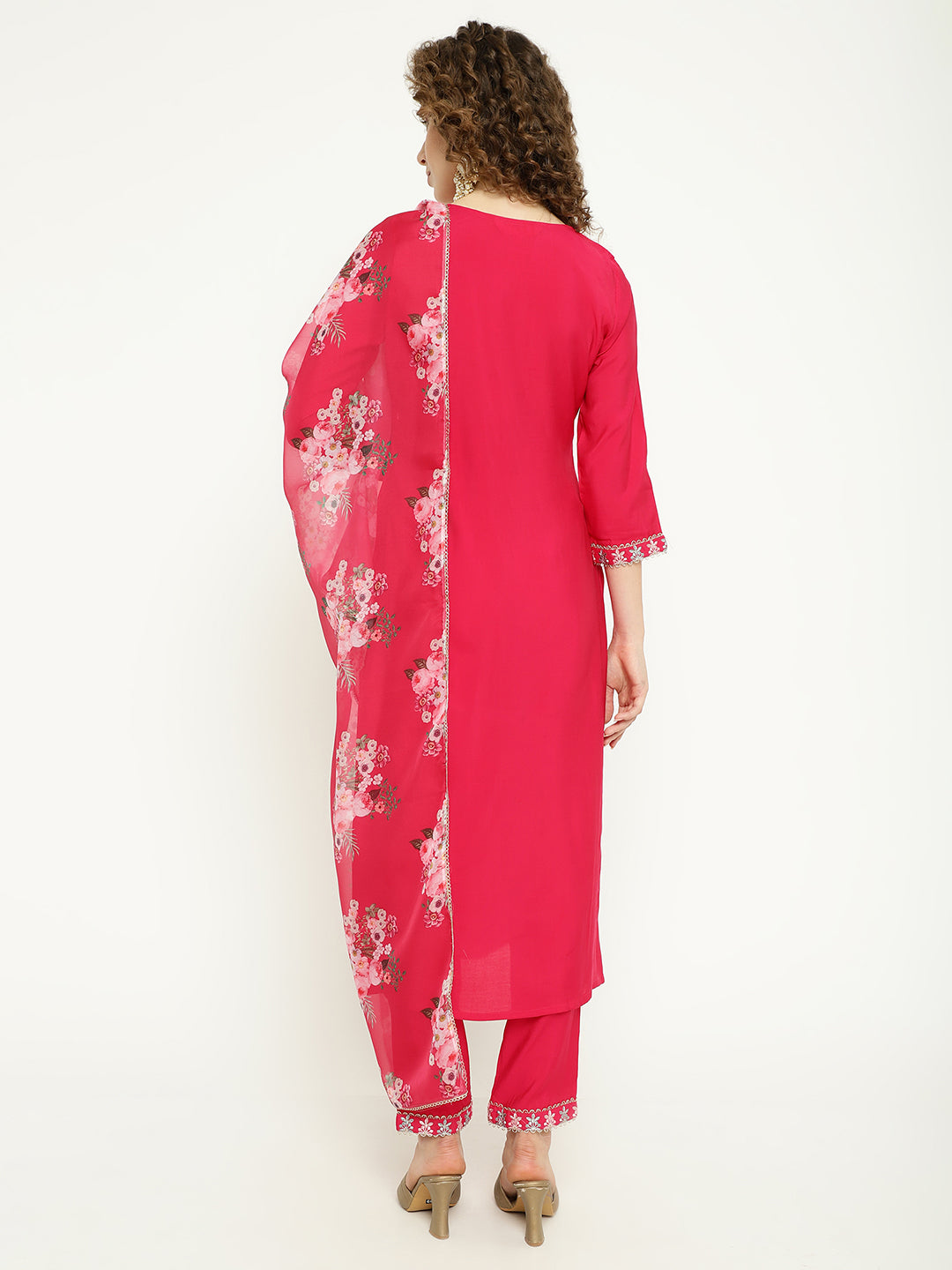 Pink Silk Kurta Set with Floral Organza Dupatta