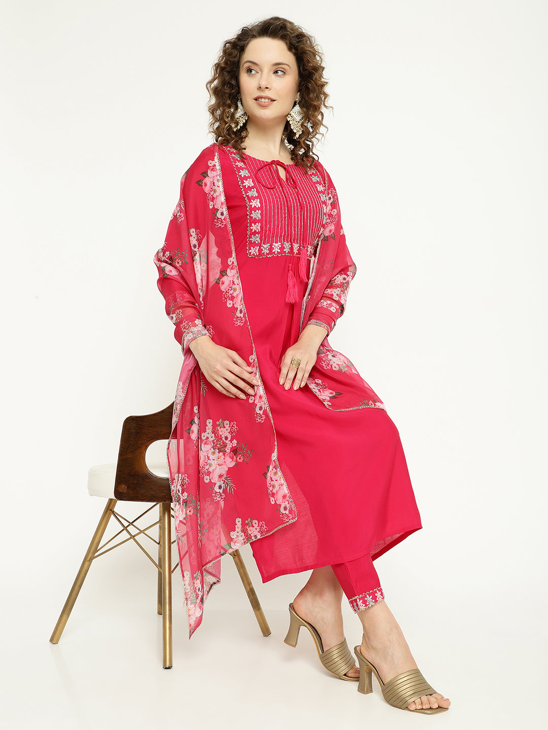 Pink Silk Kurta Set with Floral Organza Dupatta