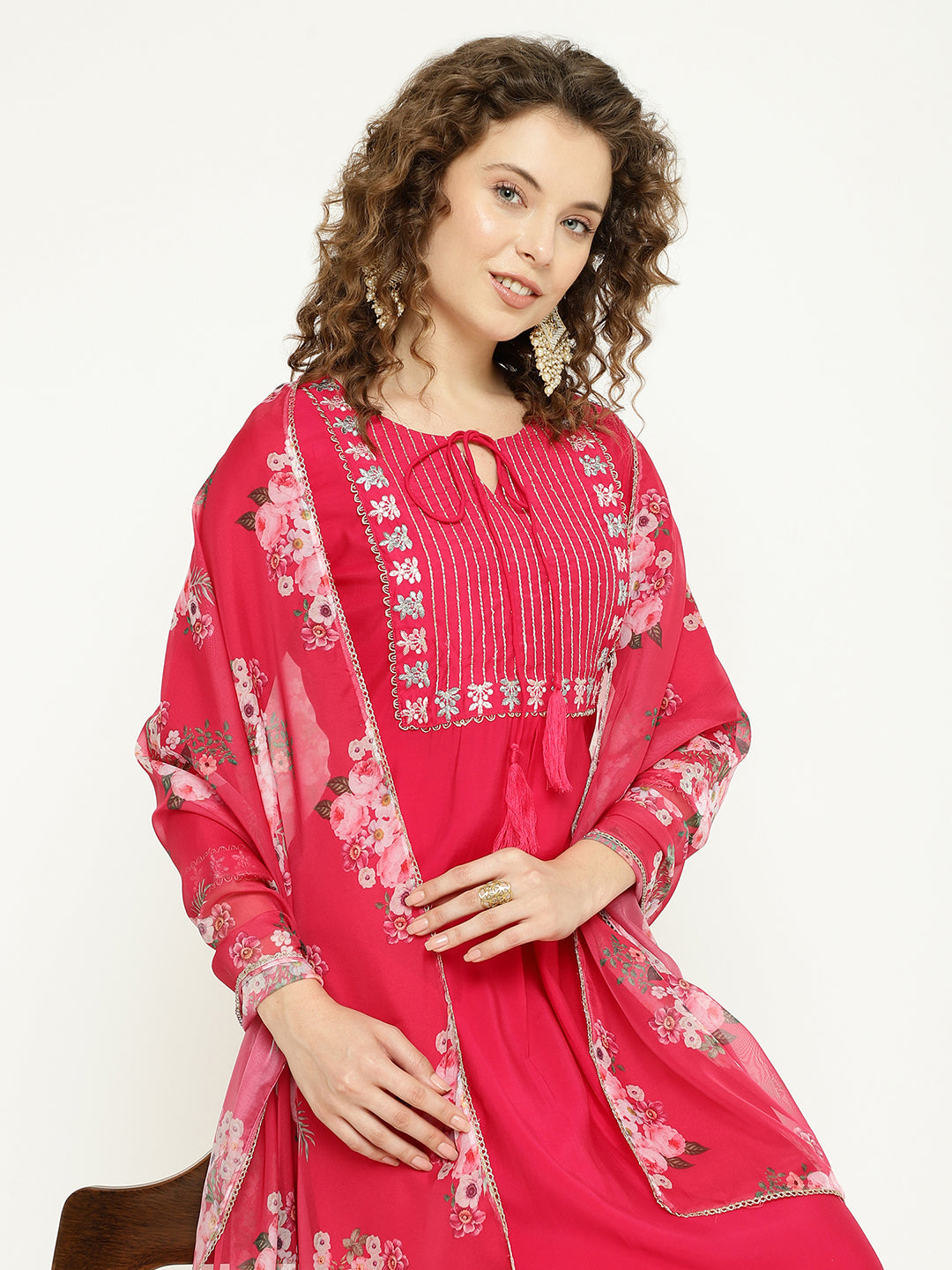 Pink Silk Kurta Set with Floral Organza Dupatta