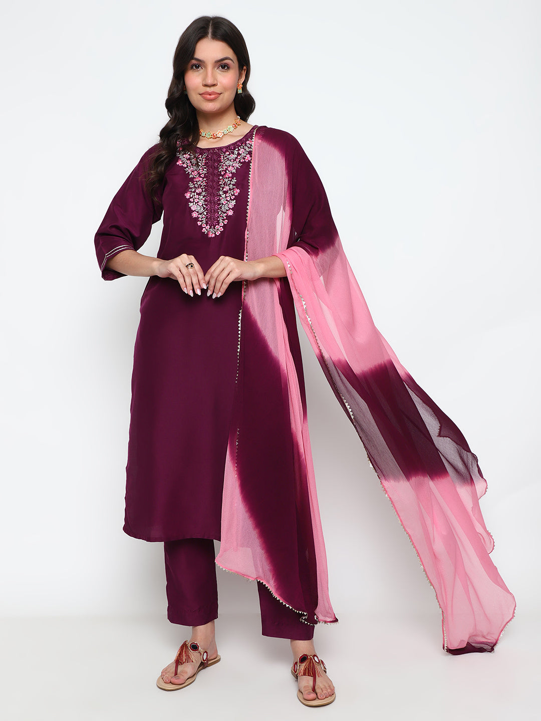 Wine Purple Chinnon Kurta Pant Set with Dupatta