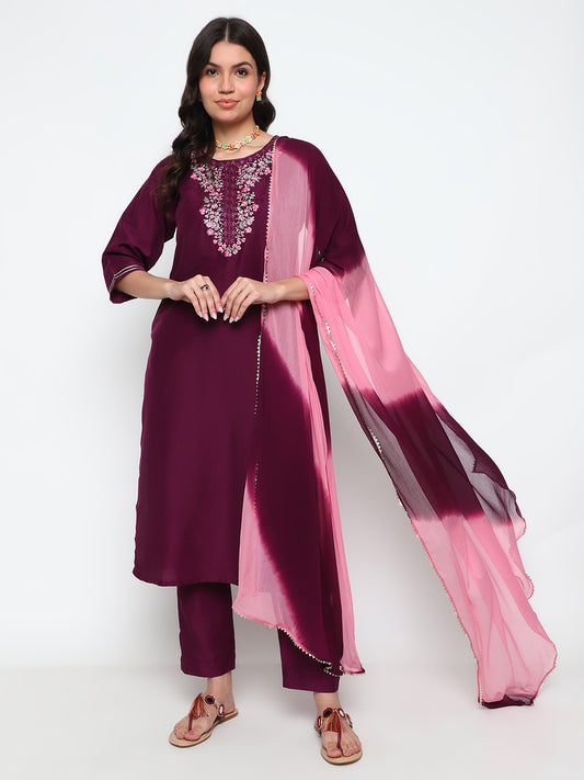 Wine Purple Chinnon Kurta Pant Set with Dupatta