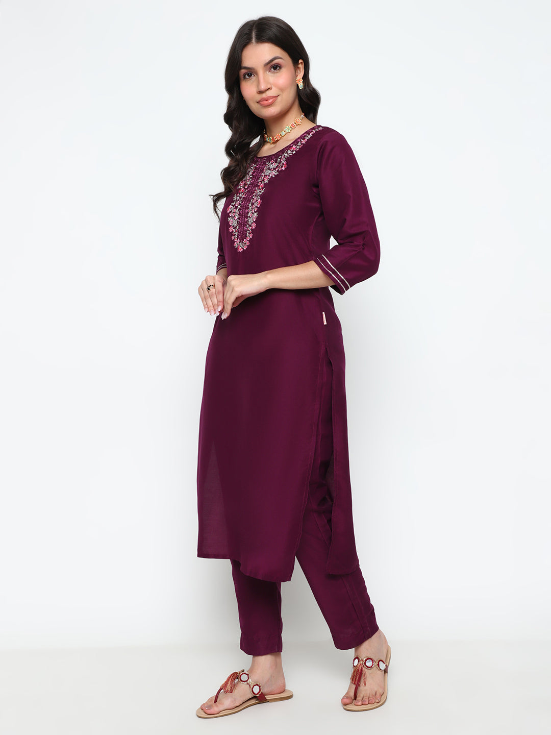 Wine Purple Chinnon Kurta Pant Set with Dupatta