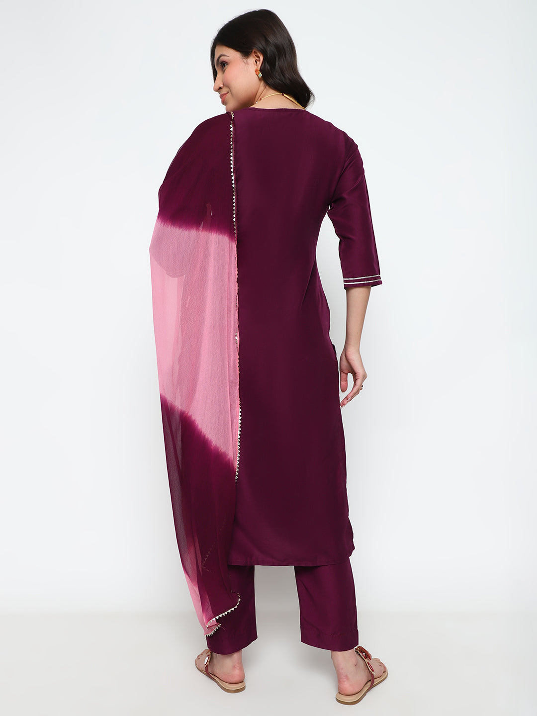 Wine Purple Chinnon Kurta Pant Set with Dupatta