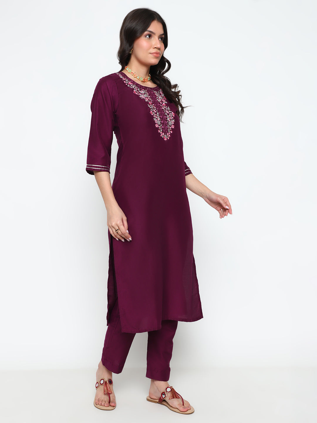 Wine Purple Chinnon Kurta Pant Set with Dupatta