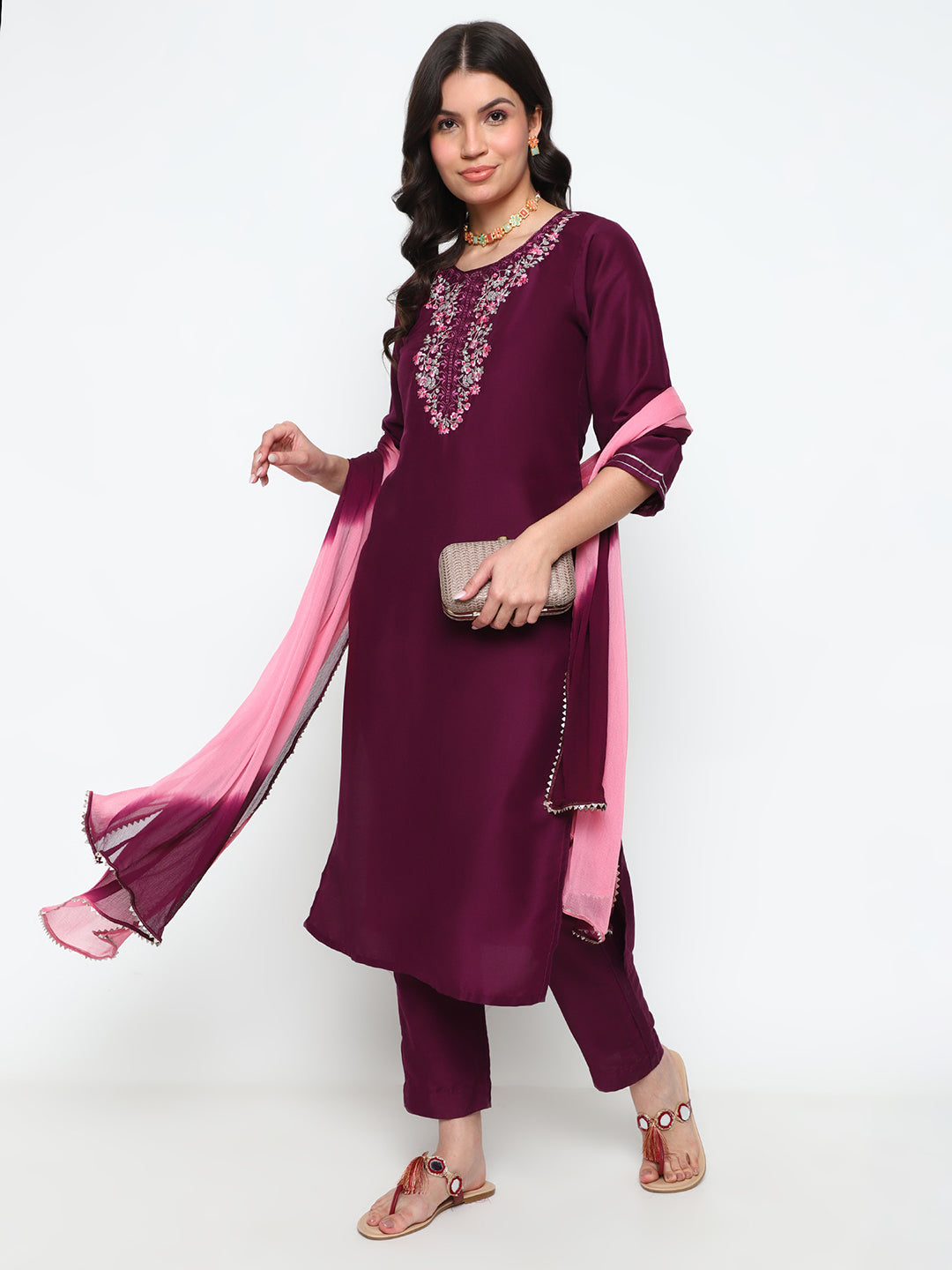 Wine Purple Chinnon Kurta Pant Set with Dupatta