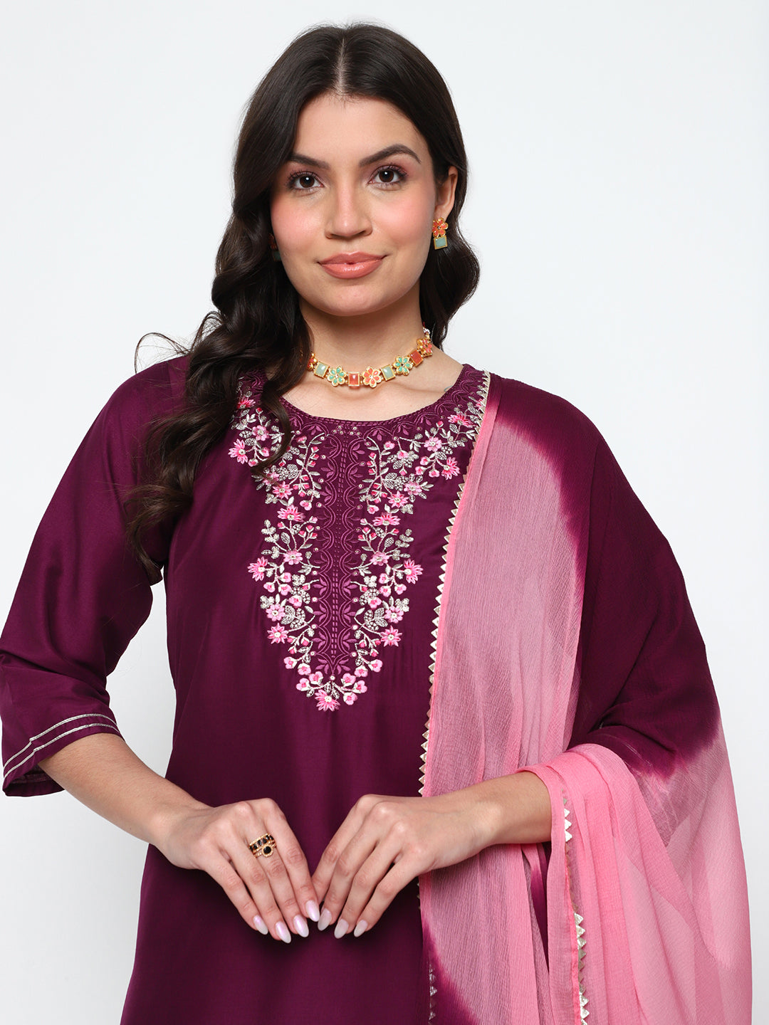 Wine Purple Chinnon Kurta Pant Set with Dupatta